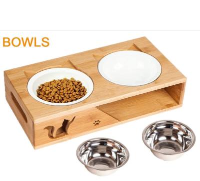 China Sustainable Expanded Solid Bamboo Pet Feeder Rack With Dog Bowl for sale