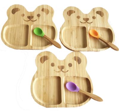 China Minimalist Wholesale Animal Shape Kids Plate Silicone Suction Divided Dinner Bamboo Baby Dishes Set for sale