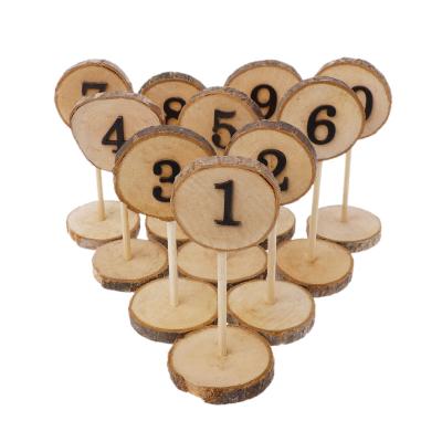 China Rustic Wooden Table Numbers Carves Stick Holder Base Seat Cards Retro Slices Wedding Party Supplies for sale