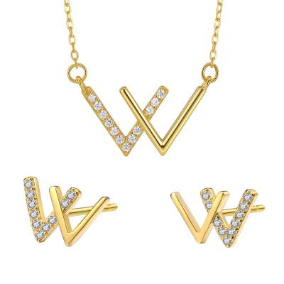 China CLASSIC Wholesale Gold Plated 925 Sterling Silver V W Letter Necklace Earrings Jewelry Set For Women Girls for sale