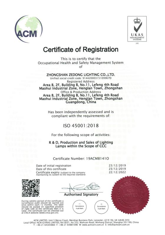 ISO 45001 - Zhongshan Zedong Lighting Co., Ltd.