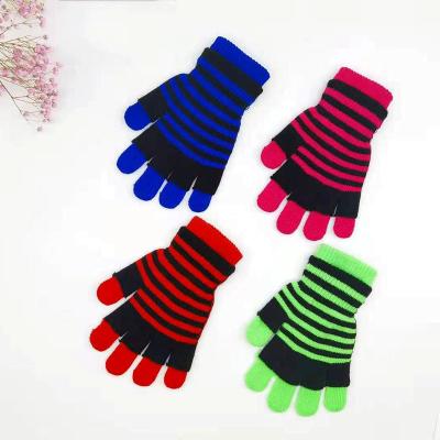 China Fingerless Striped Gloves Winter Knit Double Layer Student Half Finger Gloves Split Full Finger Outdoor Warm Recycling Gloves for sale