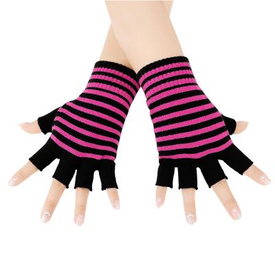 China Autumn Winter Women Striped Gloves Striped Striped Fingerless Gloves Warm Ladis Knitted Half Finger Gloves Acrylic Mittens Wholesale for sale