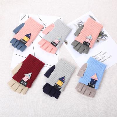 China Women's Cute Logo Mittens Stretch Texting Gloves Winter Logo Warm Wool Knit Fingerless Student Gloves Simple Wholesale Simple Convertible for sale