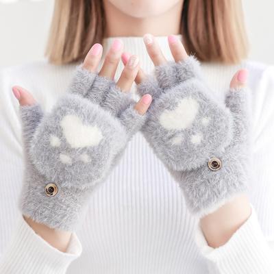 China Cute Jacquard Flip Top Magic Gloves Women Cat Paw Half Finger Gloves Winter Faux Mink Convertible Knitted Fingerless Gloves Hot Girls Jacquard for sale