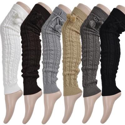 China 100% Acrylic Women's Fashion Cable Jacquard Winter Cuffs Boots Leg Warmer Crochet Booties Long Knitted Warm Thigh High Socks With Pom Pom for sale