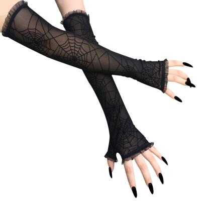 China Halloween Decoration Gloves Cobweb Gloves Ladies Halloween Decoration Sexy Dress Party Props Cosplay Performance Gloves Half Finger Mesh Gloves Along for sale