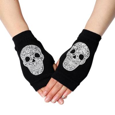 China Amazon Sale Embroidery Half Finger Gloves Women Halloween Ghost Half Finger Woolen Fingerless Key Gloves Crystal Stone Embroidered Skull Gloves for sale