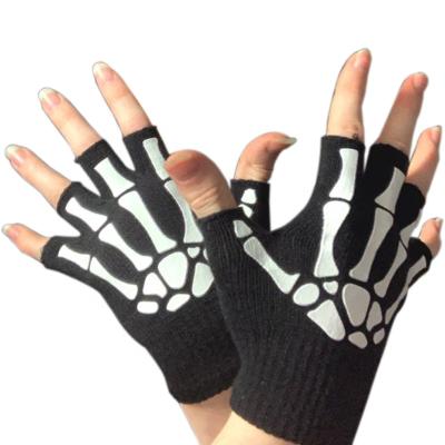 China Wholesale Autumn Winter Warm Knit Fingerless Gloves Men Halloween Printed Luminous Skeleton Printed Non-slip Reuse Gloves Custom Made for sale