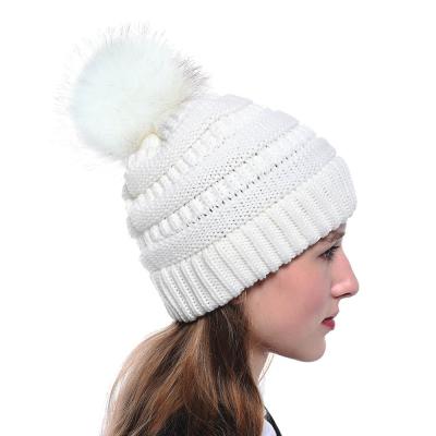 China COMMON COMMON Autumn Winter Warm Thick Knitted Hats Skull Covers Women Fashion Cozy Casual Beanies With Faux Fur Pom Pom Ski Hats for sale