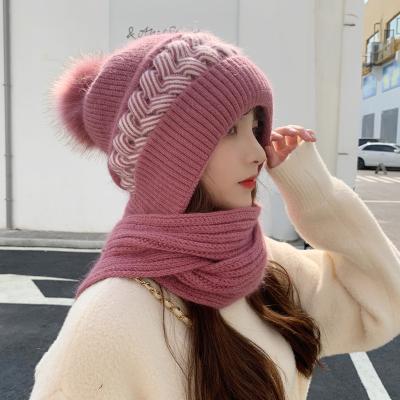 China COMMON 2021 Winter Women's COMMON Simple Knitted Skull Pom Beanie Hat Scarf Combo Girls Ski Warm Beanie Ear Protection With Striped Fleece for sale