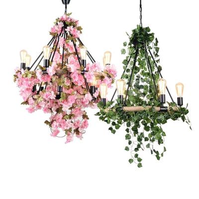 China Decorative Vintage Rope Pendant Light E27 Industrial Style Hemp Rope Leaf Flower  Chandeliers for sale