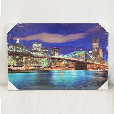 China Customizable Wood Wall Painting Style City River View Night Bridge Modern Wall Painting With LED Wall Decoration for sale