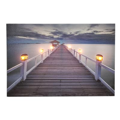 China Customizable Wooden Wall Decoration Small Bridge By The Sea City Landscape VillaArt Modern Rural Wall Painting With LED Wall Painting for sale