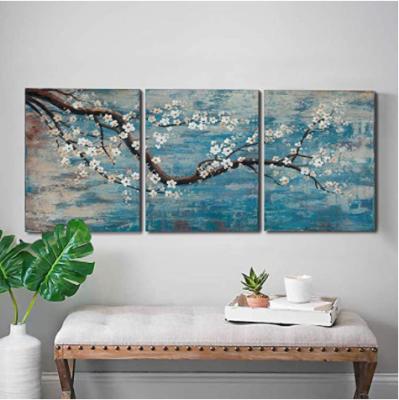 China Wholesale Modern Wall Art Hand Framed 3 Piece Flower Oil On Canvas Gallery Wrapped Canvas Decor Teal Blue Lake Bedroom Flower Paintings for sale