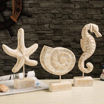 China China 3Pcs Modern Wood Carving Home Decor Statue Starfish Conch Seahorse Figurines Beach Nautical Style Table Carvings Home Decor for sale