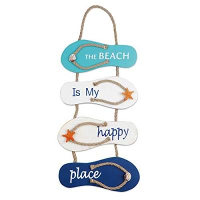 China China The Beach Is My Happy Place Nautical Themed Flip Flop Wall Sign Hanging Ornament For Home Bathroom Decor 8.5 x 20 inches for sale