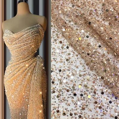 China Crystal Sequins Bridal Luxury Embroidery viable lace up fabric 22 colors sequins lace up beaded pearl bridal lace for evening dress fabric for sale