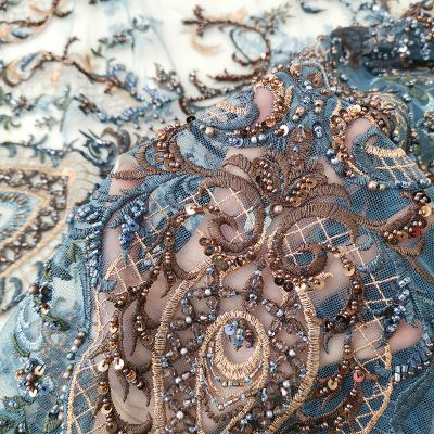 China Viable; Navy Blue Water Soluble Color New Arrival Heavy Beaded Handwork Embroidery Lace Fabric For Nigerian Bridal Gown Wedding Dresses Luxury Material for sale