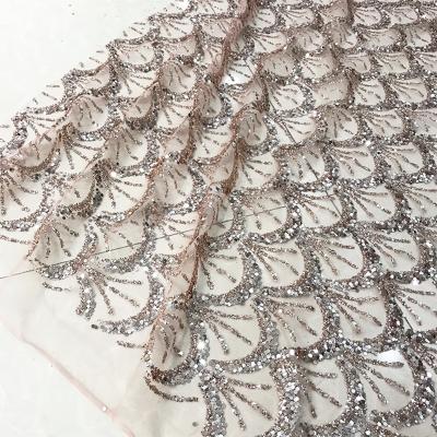 China Viable; Wholesale High Quality Water Soluble Silver Glitter Golden Dubai Tulle Lace For Girls Dress Fabric Custom Sequins Clothes Textiles Mesh for sale