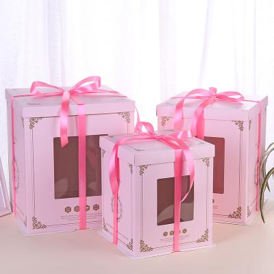 China Recycled Materials Design New Environmental Friendly Recyclable Cake Boxes Printed Pink 12X12X6 Cake Box With Window for sale