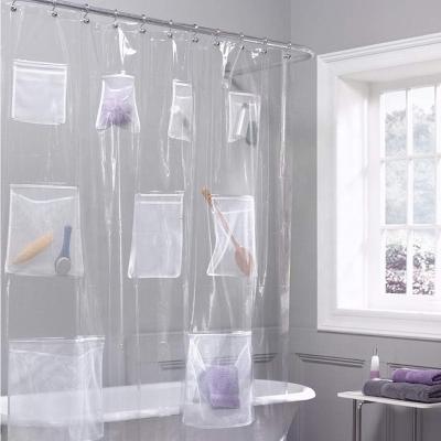 China Bindi Viable Wholesale Clear Waterproof Custom PEVA Plastic Shower Curtain Liner With Storage Pockets for sale