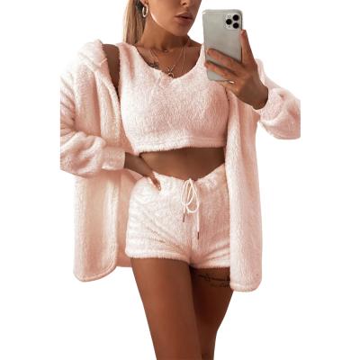 China Viable Women's Solid Sherpa Cami Top and Shorts with Sherpa Pullover 3 in 1 Sherpa Hoodie Pullover for sale