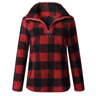 China Wholesale 2020 Sherpa Fleece Coat Collar 1/4 Zipper Coat Women's Anti-Shrink Red Plaid Sherpa Sweater for sale