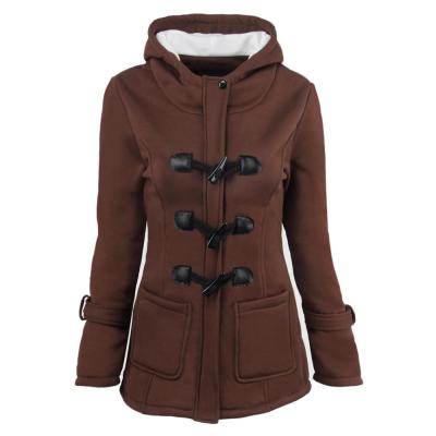 China Women Anti-Shrink Classic Winter Pea Jacket Horn Leather Buckle Hooded Outdoor Coat for sale