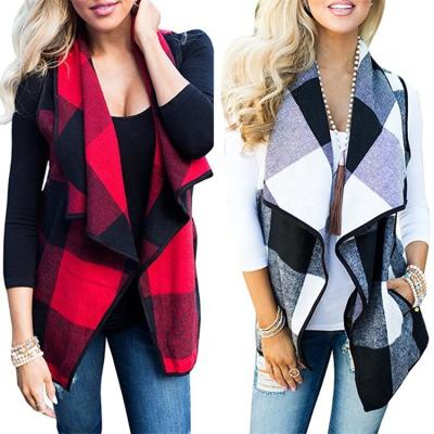 China Lapel Monogrammed Front Sleeveless Plaid Vest Women's Open Cardigan Anti-Shrink for sale