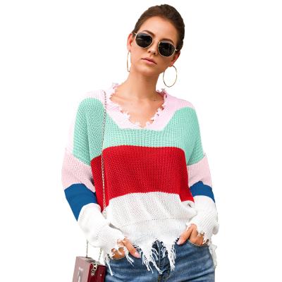 China New Design Ladies Sweater Ladies Loose Casual Fashion Tassel Anti-Shrink Color Block Fringing Ripped Sweater for sale