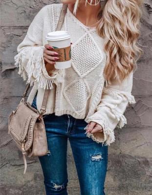 China Solid Color Pullover Sweater Woman Anti Shrink Tassel Knitted Sweater for sale