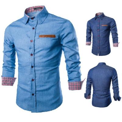 China Wholesale Slim Denim Men's Long Sleeve Anti-Pilling Pocket Leather Button Down Shirt for sale