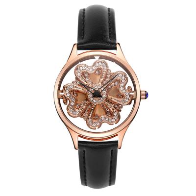 China Neutral Round Day/Date Turntable Hollow Out Heart Rhinestone Exquisite Ladies Leather Quartz Watch Women With Love Style for sale