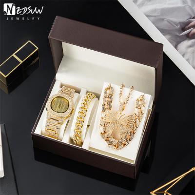 China Brass Accessories Set Box Full Of Watch Set Gift Box Exaggerated Cuban Chain Butterfly Ornaments Full Diamond Watch for sale