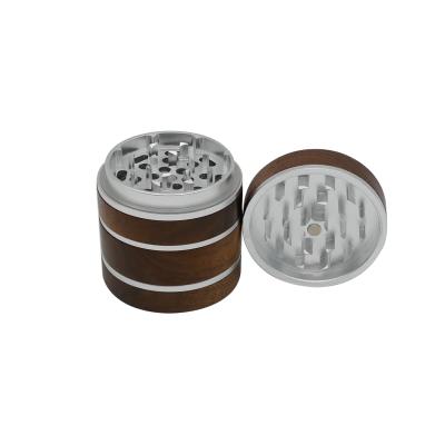 China 2021 Hot Sale 4 Parts Wenzhou Aluminum Alloy Tobacco Logo Dry Herb Grinder Custom Metal Aluminum And Wooden for sale