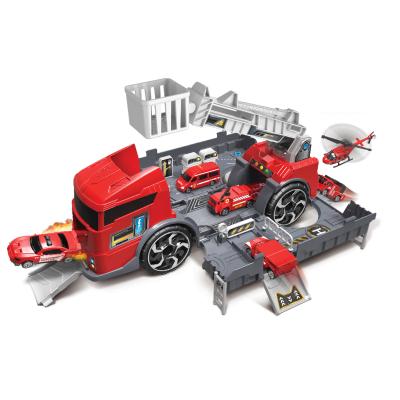 China Pretend Kids Play Set QSTOYS Amazon Fire Friction Power Truck 2020 Hot Assembling 2 In 1 Car Diy Garage Vehicle Toy Set With 2 Cars for sale