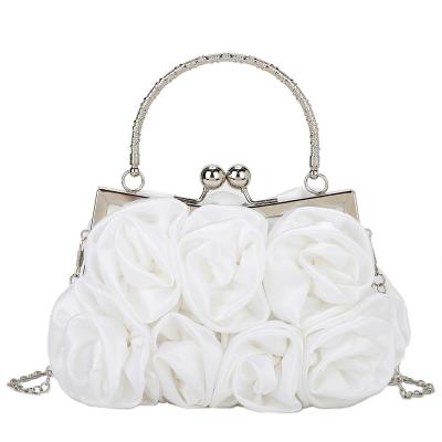 China Women Same White Rose Flower Kiss Lock Evening Bag Satin Clutch Bags Wedding Bride Party Women Party Prom Handbag Top for sale