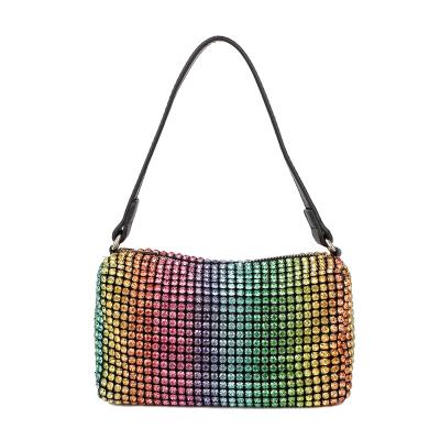 China New Luxury Diamond Square Design Rainbow Gradient Evening Clutch Bag Women Cross - Body Bag Little Diamond Zipper Handbag Ladies Chain Snap Bag for sale