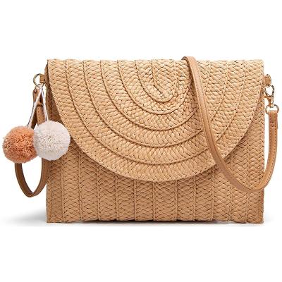 China Women Even Envelope Straw Purse Crossbody Bag Summer Beach Clutch Bags with Pom Pom Palm Straw Clutches for sale