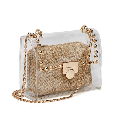 China Best Hot Selling Women Clutch Bags Women Even Clear Woven Straw Beach Bag PVC Bolso Cadena Rivet Shoulder Bag Transparente Bag Handbag for sale