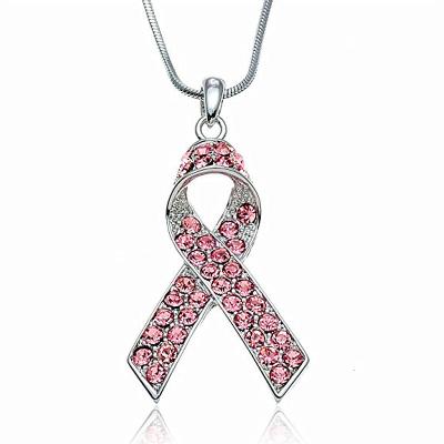 China Crystal Ribbon Charm Necklaces Gift Jewelry Eco-Friendly Custom Raise Breast Cancer Awareness Pink Souvenir for sale