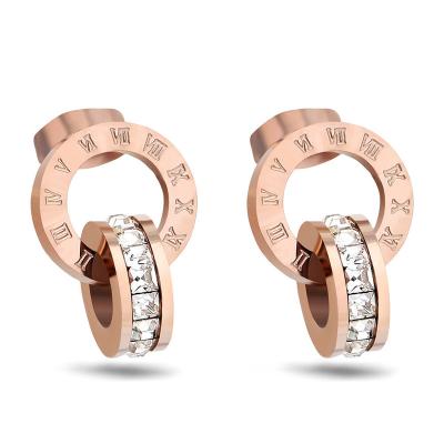 China Eco-friendly Stainless Steel Double Hoop Rose Gold Crystal Diamond Inlay Snapping Roman Numerals Women Earrings For Girl for sale