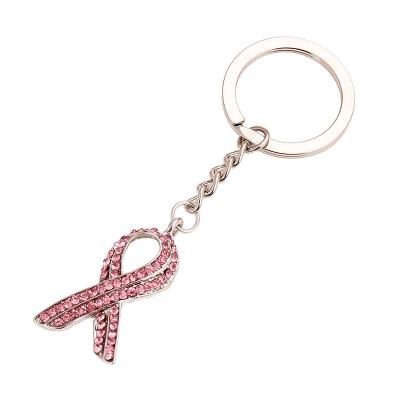 China Fashion Metal Alloy Diamond Crystal Rhinestone Breast Cancer Awareness Ribbon Pendant Eco-friendly Pink Key Chain Holder for sale