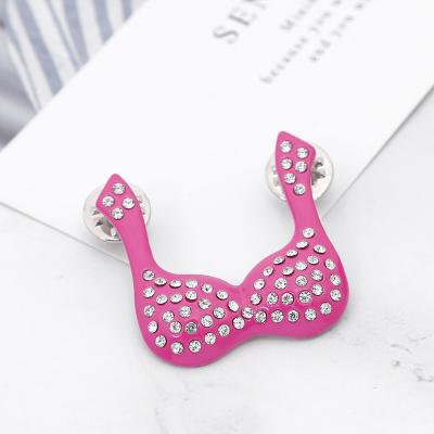 China Diamond Crystal Inlay Women Bra Disease Awareness Metal Breast Cancer Ribbon Brooch Pin Jewelry Eco-Friendly for sale