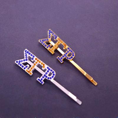 China Eco-Friendly Rhinestone Crystal Greek Letter Sigma Gamma SGRHO Rho Hair Clip Label Poodle College Organization Party Yellow Blue Hair Pin for sale