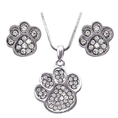 China Custom Pet Dog Cats Foot Pawprint Necklaces Earring Sets Rhinestone Alloy Metal Lover Animal Jewelry Eco-Friendly Gift for sale