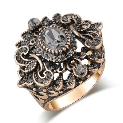 China Vintage Styles 3D Metal Eco-friendly European Antique Gold Plated Layers Design Diamond Rhinestone Rings for sale