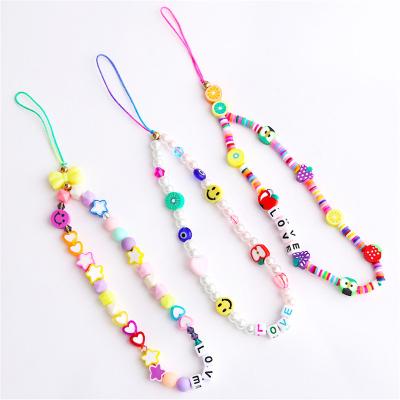 China Eco-friendly Handmade Acrylic Case Lanyard Accessories Costume Jewelry Beads Face Charm Phone Chain Straps for sale