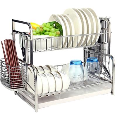 China Durable Stainless Steel Kitchen 2 Tier Water Sink Dish Folding Dish Drying Rack Rack Spoon Fork Bowl Holder With Tray for sale